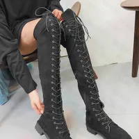 Boots Women High Boots Lace Up Motorcycle Low Chunky Heels Over-the-Knee Winter New Suede Casual Platform Warm Botas Mujer Zapatillas 1202
