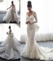 Luxury Mermaid Wedding Dresses Sheer Neck Long Sleeves Illusion Full Lace Applique Bow Overskirts Button Back Chapel Train Gowns F3216047