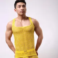 Man See Through Tank Top Male Funny Mesh Fishnet Vest Cut-outs Sleeveless Undershirt Hole Homme Shirts 227G