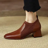 Dress Shoes 2023 Medium Heel Thick Single Women's Spring And Autumn Genuine Leather Deep Mouth Knitted Square Toe