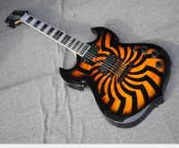 Double Cutaway Wylde Audio Barbarian HellFire Orange Black Buzzsaw Quilted Maple Top SG Electric Guitar Large Block Inlay Black H7446444