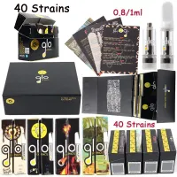 Glo Extracts Vape Cartridges 0.8ml 1ml Ceramic Coil Packaging Glass Thick Oil Carts Dab Pen Wax Vaporizer 510 Thread Empty E Cigarettes 40 Strains