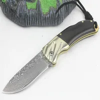 new arrival 6 1 inch damascus pocket folding knife vg10 damascus steel blade cow horn brass handle knives with leather sheath285l