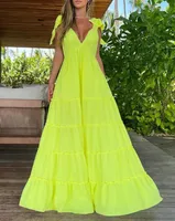 Casual Dresses For Women 2023 Summer Sexy Vacation Elegant Sleeveless Plunge Tied Detail Backless Flowy Lady Loose Flared Maxi Dress