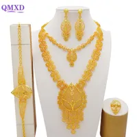 Wedding Jewelry Sets Indian Dubai Gold Color Jewelry Set For Women Bridal Long Necklace Set Nigerian Choker Necklace Bracelet Earring Ring Sets 230325