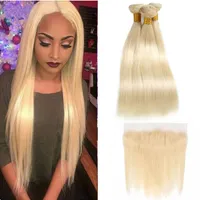 Malaysian Unprocessed Human Hair Extensions 13X4 Lace Frontal Silky Straight 8-28inch 13 4 Frontal With Bundles 613 Blonde Natural2748
