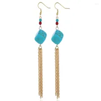 Dangle Earrings Light Yellow Gold Color Square Sahpe Green Turquoises Stone Drop With Tassels Jewelry