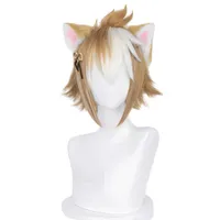 Gorou Cosplay Wig Game Genshin Impact Short Brown White with Ears Synthetic Hair Heat Resistant Halloween Role Play Y09132835
