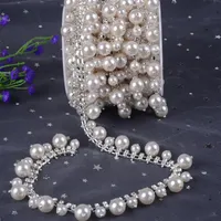 New 1yard pearl tassel tapes glass Crystal flower Clear Glass Rhinestone Bridal Trim Fashion Chain Silver Belt Sash Bags Shoes280W