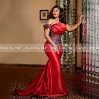 Party Dresses Red Long Evening Dress Nigeria African Off Shoulder Streamer Mermaid Arabic Dubai Women Prom Formal Gown Customize