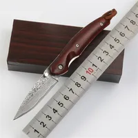 High Quality Damascus EDC Pocket Folding Knife VG10 Damascus Steel Blade Natural Red Ebony Handle Knives With Wood Gift Box289T