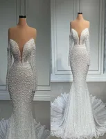 Heavy Pearls Illusion Mermaid Wedding Dresses For African Women 2022 Sheer Beads Bridal Gown With Long Train Vintage Long Sleeves 1328837