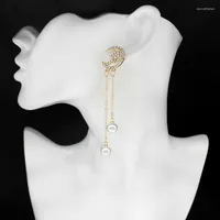 Dangle Earrings Elegant Twinkle Bling Mosaic Zircon Star Moon Double Chain Suspended Imitation Pearl Long Pendant Female