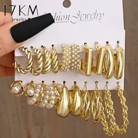 Hoop Huggie 17KM Geometric Pearl Hoop Earrings for Women Metal Gold Color Dangle Earrings Set Hollow Circle Earrings Fashion Twist Jewelry 230325