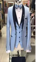 Brand New Light Blue Groom Tuxedos Black Shawl Lapel Groomsmen Mens Wedding Dress Style Man Jacket Blazer 3 Piece Suit Jacket Pant1272585