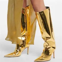 Sexy Women Shining Pointed Toe Patent Leather Stiletto Heel Knee High Boots Gold Silver Blue Mirror Leather Long High Heel Boots247G