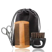 Brushes Care & Styling Tools Hair Products 3Pcs Wooden Beard Comb And Natural Bristles Brush With Scissors Set For Men220W