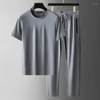 Men's Tracksuits Minglu Summer Embroidery Men's Sets (t-shirt Pants) Luxury Short Sleeve Sport Casual Plaid Male Suits Elastic Waist Man
