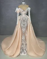 Exquisite Mermaid Evening Dresses Long Sleeves V Neck Appliques Sequins 3D Lace Hollow Detachable Train Pearls Floor Length Prom Dresses Plus Size Gowns Party Dress