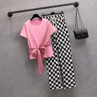 Women's Two Piece Pants Personality Sports Tracksuit Women's 2 Sets Female Fashion Bow Tshirts And Lattice Hit Colors Elastic Waist Set
