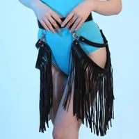 Stage Wear Goth Black Leather Skirts Belt For Women Punk Tassle High Waist Hollow Out Boho Sexy Dancing Fringe Mini Skirt