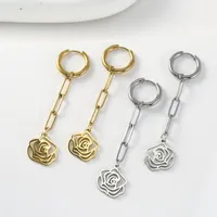 Backs Earrings Sipuris Rose Flower Ear Clip For Women Fashion Stainless Steel Rectangular Chain Pendants Jewelry Gifts Girl