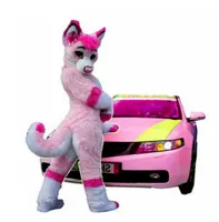 Long-haired Fabric Suit Wolf Fox Pink Husky Dog Mascot Costume Suit Adult Party Game Dress with Fan Halloween