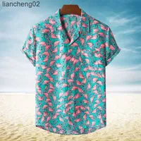 Men's Casual Shirts Stylish Flamingo Print Hawaiian Aloha Shirt Men 2021 Summer New Short Sleeve Beach Shirts Mens Holiday Party Vacation Clothing W0328