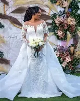 2023 Mermaid Wedding Dresses Gorgeous African White Lace Crystal Beading Long Sleeves Scoop Neck Bridal Gowns Detachable Train Church Bride Wedding Dress Plus Size