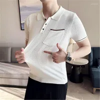 Men's Polos Summer Short Sleeve Tee Men T-shirts Ice Silk Shorts Hollow Out Striped Casual Shirt Male Clothes Pockets Design Golf Wear