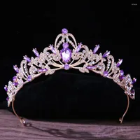 Hair Clips Gold Color Purple Wedding Tiara Crystal Bridal Crown Rhinestone Diadem Veil Tiaras Accessories Headpiece Jewelry
