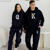 Men's Tracksuits Lovers Couple KING QUEEN Print Hoodie Suits 2 Piece Hoodie and Pants Men Women Hoodie Set Tops Classic Fashion Sportwear Outfit W0328