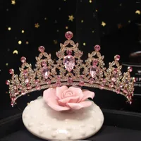 Hair Clips Baroque Vintage Gold Color Pink Crystal Wedding Tiaras Crown Rhinestone Diadem Bridal Accessories Headbands Tiara De Noiva