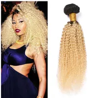 Afro Kinky Blonde Human Hair Bundles 3Pcs Lot Brazilian Virgin Hair Weaves 1b 613 Blonde Two Tone Kinky Curly Dark Roots Hair Bund282c