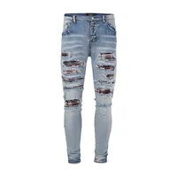 amirs men's jeans Off high street autumn and winter new embroidered patchwork hole elastic for men and women