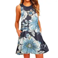 Casual Dresses Comfortable For Women Floral Print Beach Style T Shirt Sundress Sleeveless Pockets Dress Loose Mini Vestid