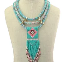 Boho Indian Multi Layered Bib Collar Necklace Handmade Resin Beaded Long Tassel Flower Statement Necklaces Women African Jewelry Y234D