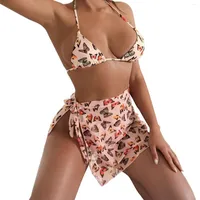 Women's Swimwear Printed Hanging Neck Mesh Three Piece Split Swimsuit Sexy Fashion Beach Bikini Set Top Longer