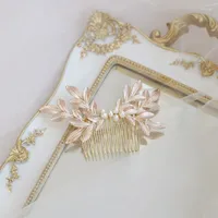 Hair Clips Simple Gold Color Leaf Women Comb Bridal Piece Pearls Jewelry Handmade Wedding Party Accessories