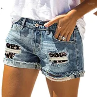 Women's Shorts Summer Women's Leopard Camouflage Ripped Patch Jeans Female Fashion Casual Denim Mid Waist Straight Short Indie