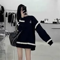 LO * Luo Family 22 Autumn and Winter New style Embroidery Weave Stripe Loose Sweater Design Feel Large Black Top Round Neck Plush
