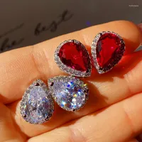 Stud Earrings Big Red Water Drop Bling Zircon Stone Silver Color For Women Fashion Jewelry Korean 2023