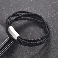 Charm Bracelets Braid Long Leather Bracelet Rope Chain With Stainless Steel Magnetic Clasp Simple Man Wrap Bangle Fashion Male Jewelry Gift