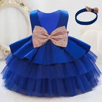Girl's Dresses New 2023 Formal Child Baptism First 1st Birthday Dress For Baby Girl Clothing Princess Dresses With Headband Party Dress Bowknot P230327