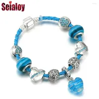 Charm Bracelets Seialoy Summer Ocean Style Cyan Leather For Women Blue Heart Beads Glass Pendant Sea Spray Bracelet Gifts