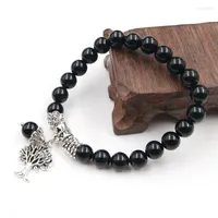Strand XSM 8mm Black Agates Round Beads Bracelets Natural Stone Bangles Tree Of Life Reiki Lotus Flower Meditation Amulet Jewelry 1 Pcs