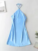 Casual Dresses Merodi Summer Women Halter Collar Sleeveless Solid Mini Dress Ladies Side Zipper High Waist Blue Satin Short