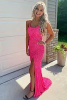 Stunning Hot Pink Sequined Long Prom Dresses Mermaid Sexy Slit Party Dress Lace Up Split Evening Gowns Graduation Dresses Sweep Train