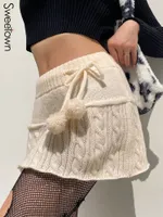 Skirts Sweetown Knitted Low Waist Y2K Short Skirt Preppy Style Cute Girl Streetwear Aesthetic Fairycore Drawstring Womens Skirts 230327