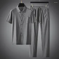Men's Tracksuits Minglu Summer Men's Sets (T-shirt Pants) Luxury Short Sleeve Smart Casual Vertical Striped Male Suits Elastic Waist Man